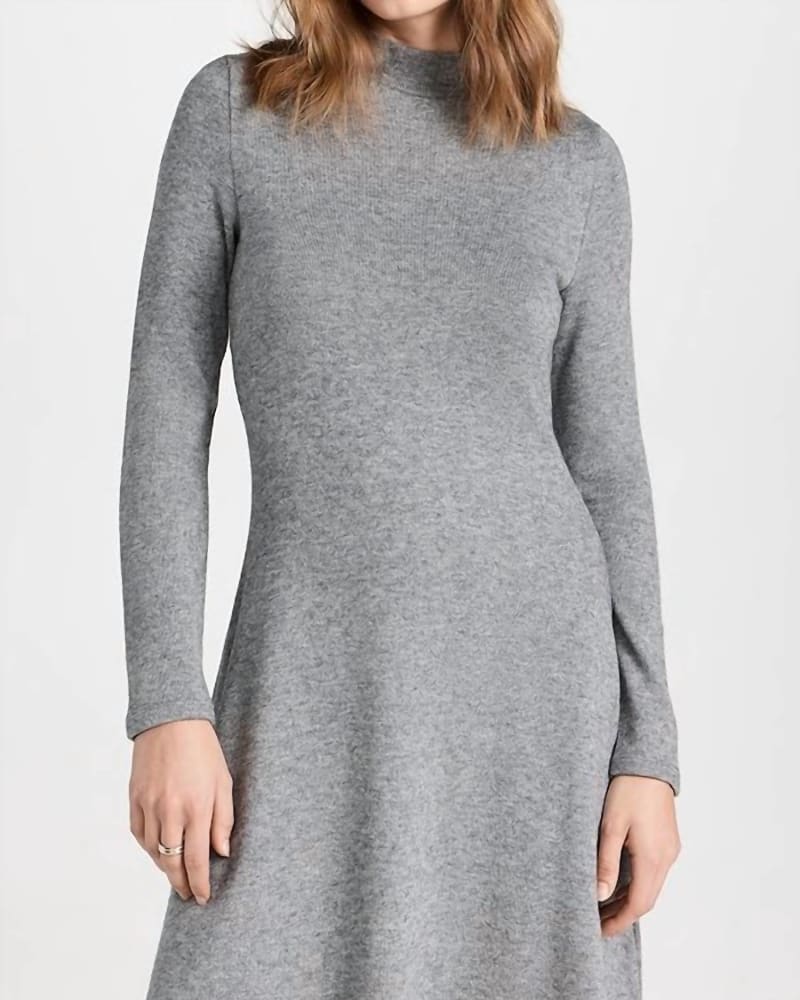 Front of a model wearing a size L Long Sleeve Short Sweater Dress In Silver Dust in Silver Dust by Vince. | dia_product_style_image_id:346673